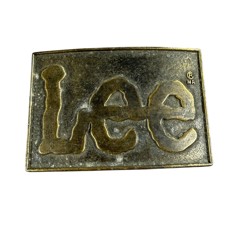 Vintage Lee Jeans Belt Buckle Brass Tone Rectangle Logo Western Workwear Mens
